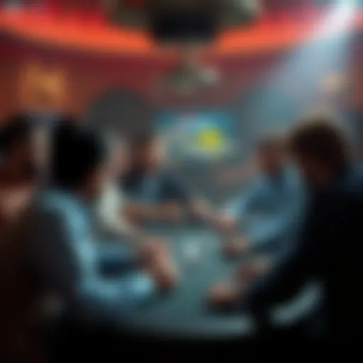 A group of people gathered around a poker table, focused on their game with cards and chips.