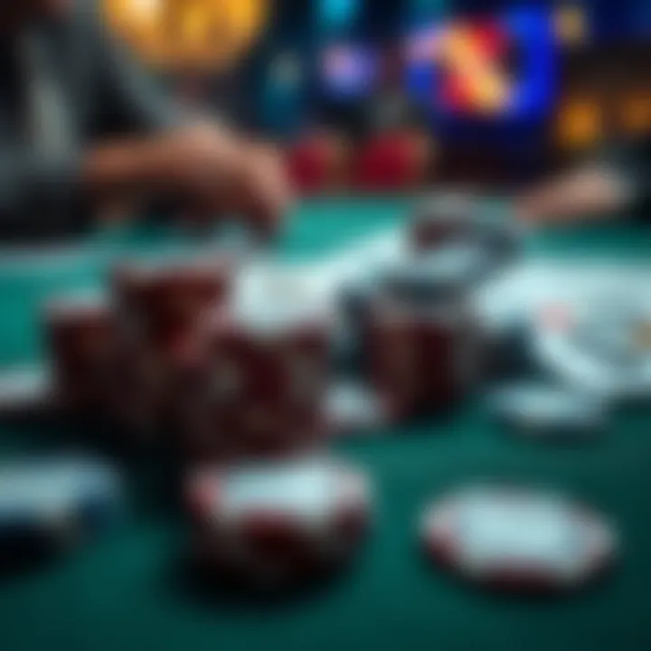 A close-up of poker chips and cards on a table, capturing the excitement of a casino poker game.
