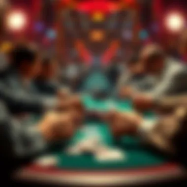 A tense moment in a poker game showing a player making a crucial bet on the river, surrounded by chips and cards, illustrating strategic decision-making.