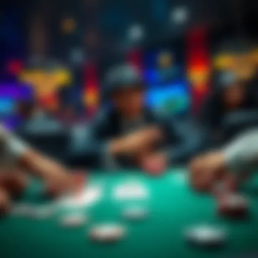 A poker table showing a player contemplating their strategy with cards and chips in front of them