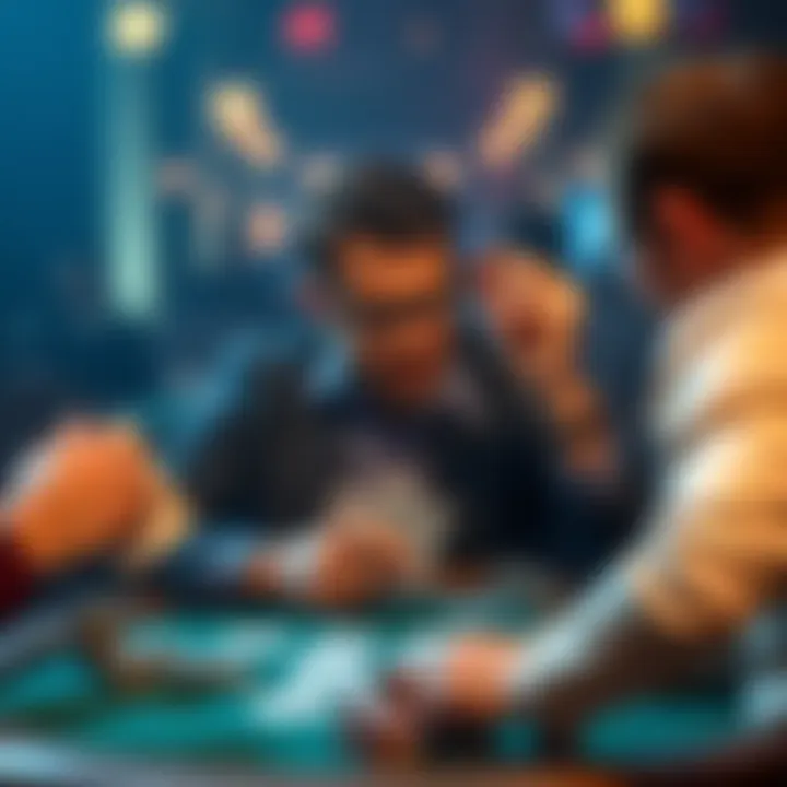 A poker player making decisions at the table, focusing on their cards and evaluating an opponent's potential hands.