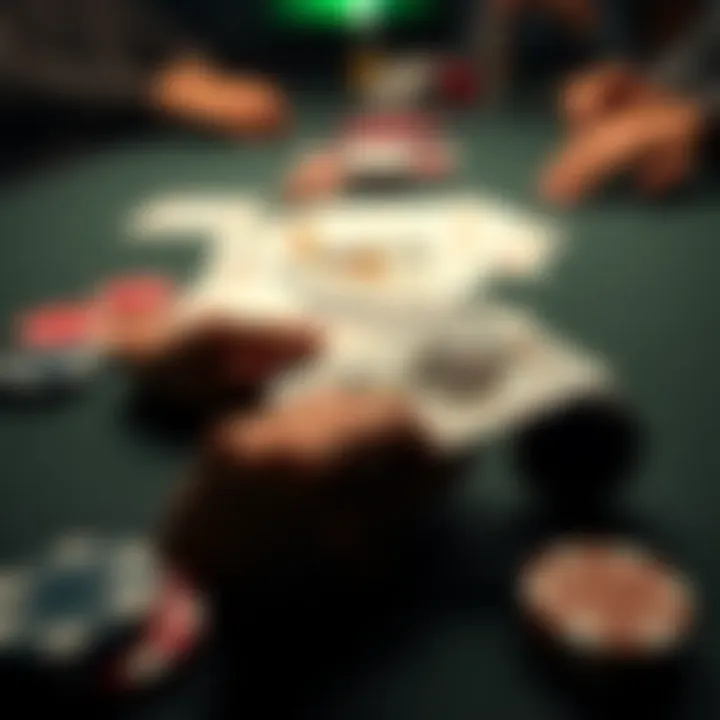 A close-up scene of a poker table with cards and chips, highlighting a pivotal moment in a hand of NL Holdem.