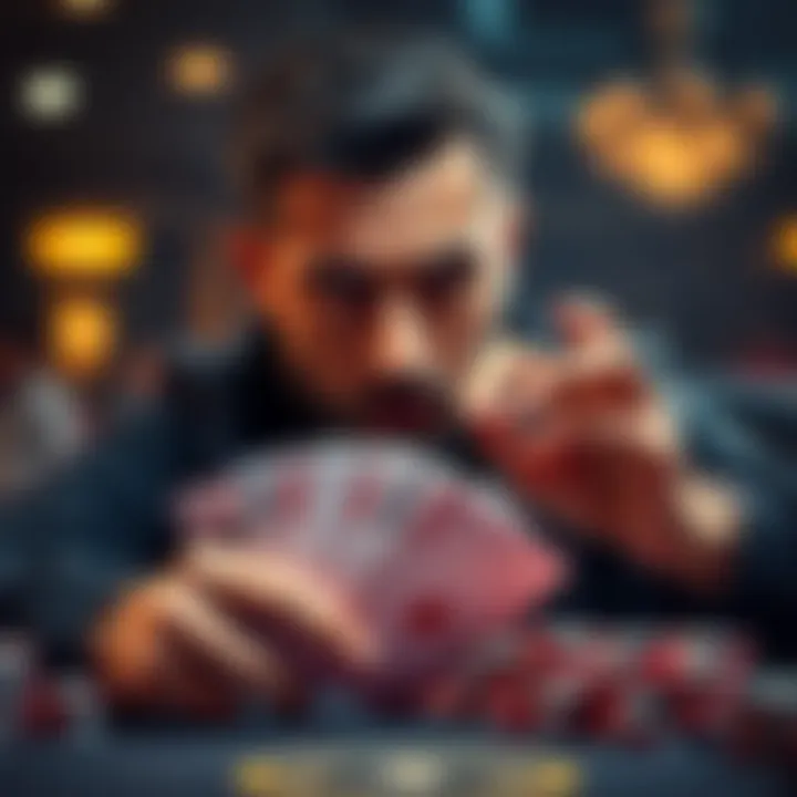 A player analyzing their poker hand with Aces, showing tension in their expression at the table.