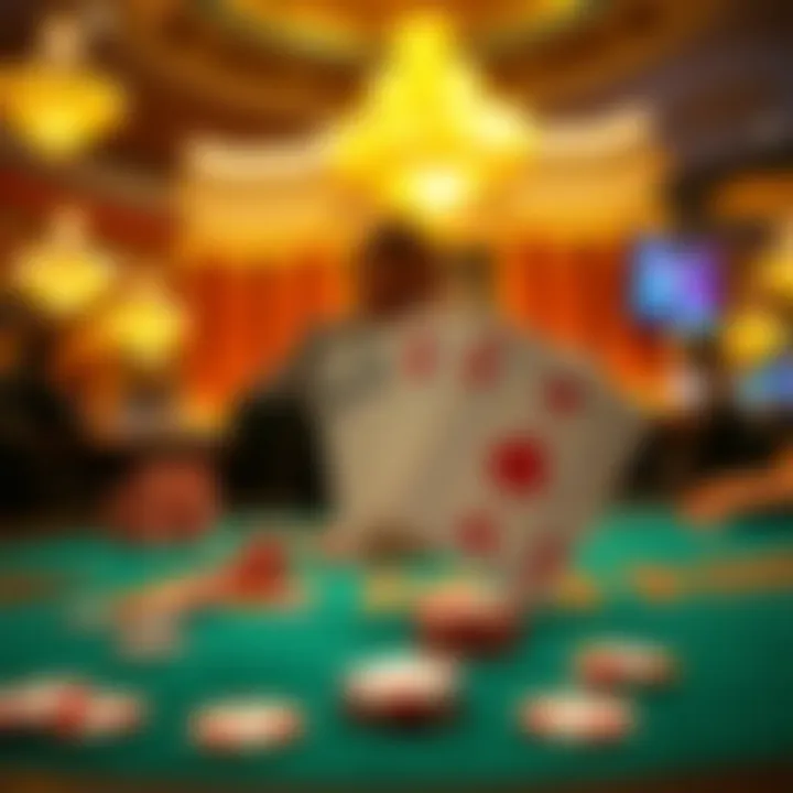 A poker table at Bellagio, showing KJ and AQ cards face up, surrounded by chips and a dealer