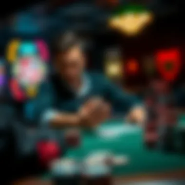 A player contemplating their decision at a poker table with cards in hand and chips stacked nearby.