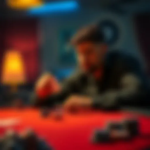 A player thoughtfully examines their poker hand at a home game table, considering their next move after the river card is revealed.