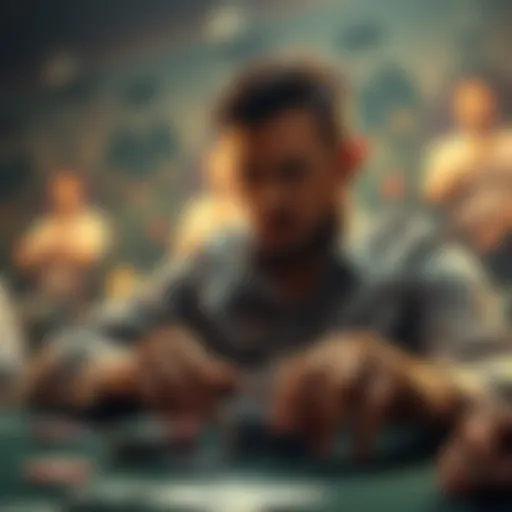 A player contemplating whether to bluff, call a bluff, or fold during a poker game, with chips and cards visible on the table.