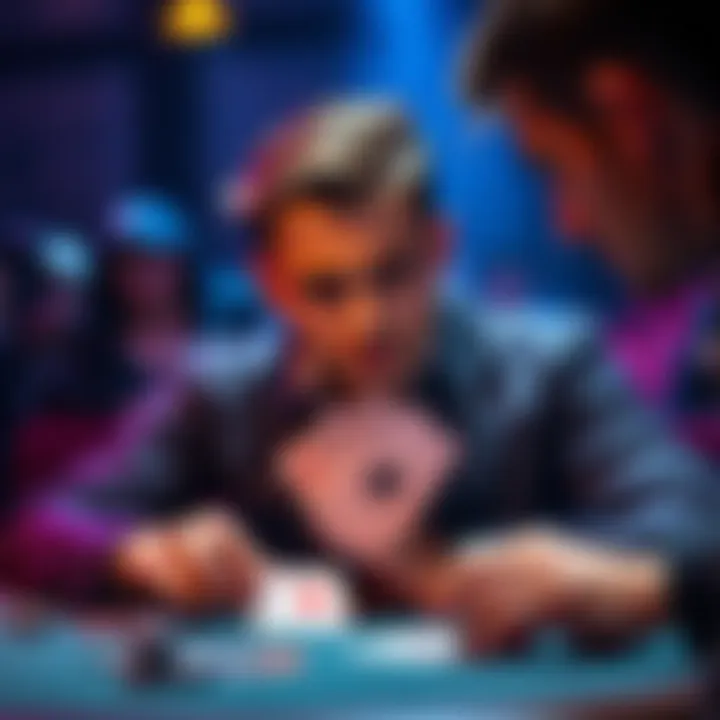 A focused poker player looking at cards while considering an opponent's all-in reraise
