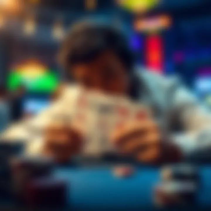 Poker Player Decision A poker player hesitating with pocket queens in hand, evaluating the situation at the table, showing tension and focus.