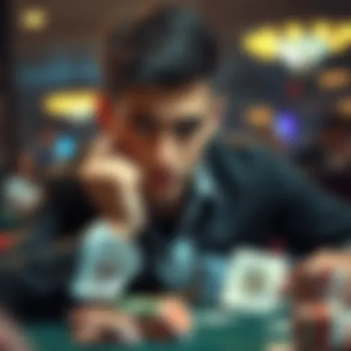 A poker player looks at their hand with a thoughtful expression, considering a small bet on the turn of the game.