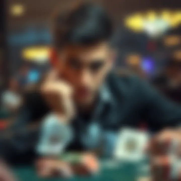 A poker player looks at their hand with a thoughtful expression, considering a small bet on the turn of the game.