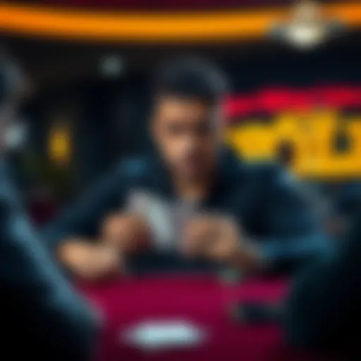 A poker player at a table looking at their cards with a concerned expression, contemplating whether to fold a flush draw.