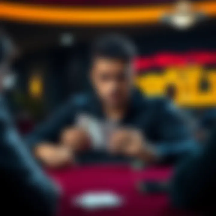 Poker player considering a flush draw A poker player at a table looking at their cards with a concerned expression, contemplating whether to fold a flush draw.
