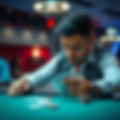 A poker player with a concerned expression, looking at his cards and the table, showing a challenging hand in a tense game.