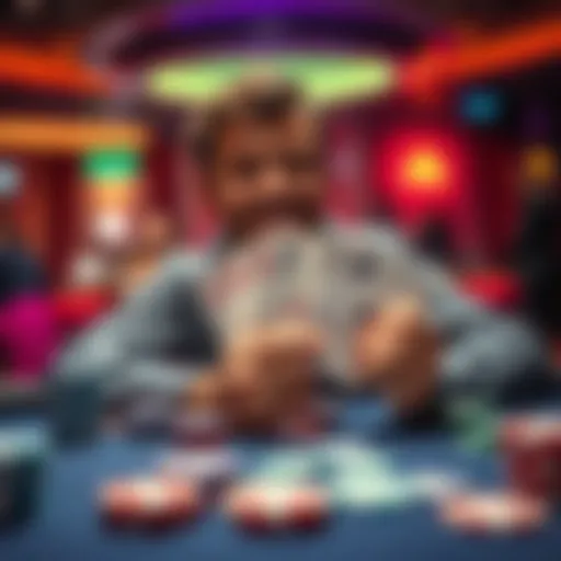 A poker player smiling while holding a bad hand, surrounded by chips and cards at a vibrant table, enjoying the game without stress