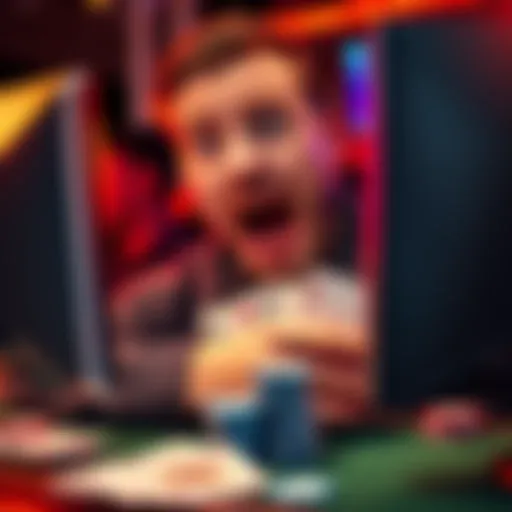A poker player looking surprised while checking online poker fees on a computer screen with poker cards and chips around.