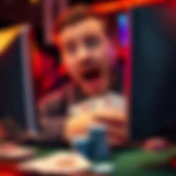A poker player looking surprised while checking online poker fees on a computer screen with poker cards and chips around.