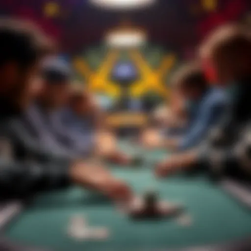 A group of poker players focused on their cards and chips during a game, showcasing their skills and strategies