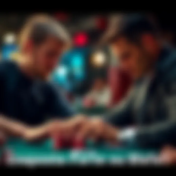 Poker players in a tense match Two poker players focused on a game, with chips and cards on the table, showcasing a high-stakes moment