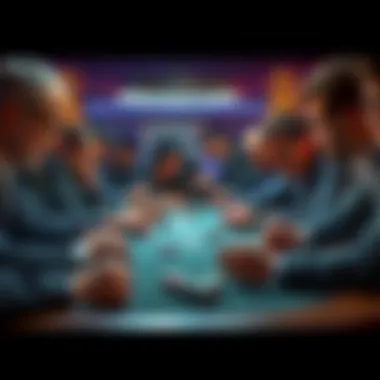 Poker players at a table A group of poker players focusing on their cards and chips during a game, showing intense expressions