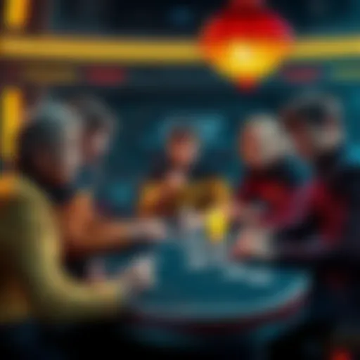 Characters playing poker in a Star Trek setting, showcasing their interactions and expressions during the game.