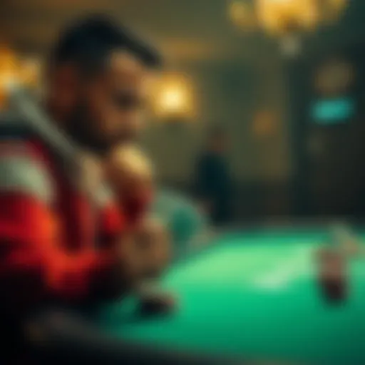 A poker player contemplates his move during a local tournament, holding a hand of cards while looking at the table, showing concentration and thought.