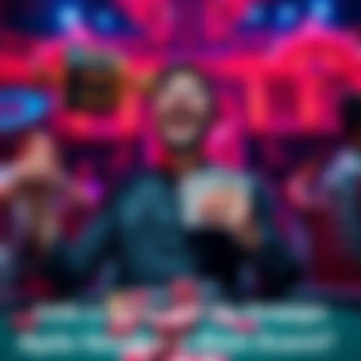 A joyful poker player holding a trophy and cash after winning a major tournament, contemplating leaving their job for a new life.