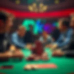 A group of poker players at a table excitedly reacting to a significant all-in bet, with chips stacked high in the center