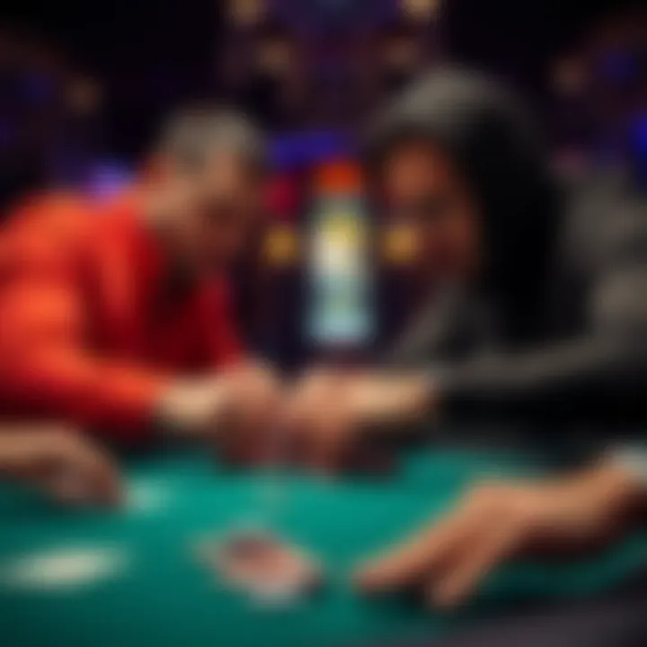 A tense moment at a poker table with two players pushing their chips in the pot, showing determination and focus during an intense game.