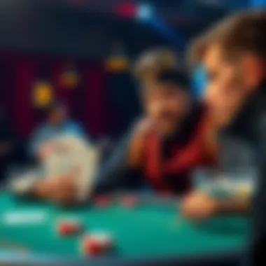 A poker player pushes all-in with a pair of queens on a flop showing J77, looking confident while the opponent contemplates their next move.