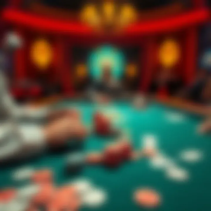 Poker and Baccarat Table A player at a poker table contemplating their next move while chips and cards are laid out, capturing the tension of the game.