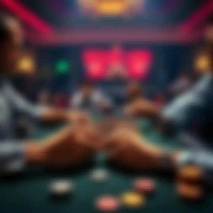 Two poker players at a table, one holding Texas Hold'em cards and the other with Pot Limit Omaha cards, both focused on the game