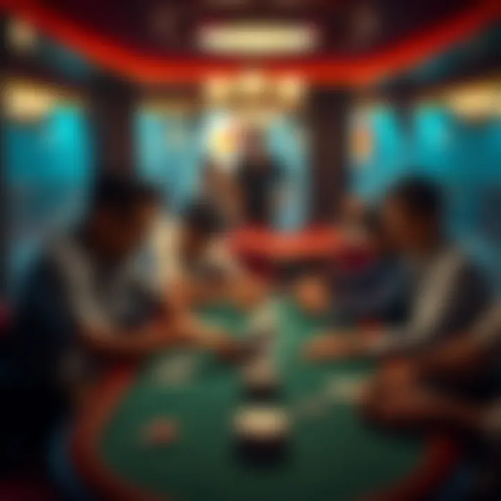 Poker table with beginners playing A group of beginners playing fixed limit poker at a table, focusing on their cards and enjoying the game