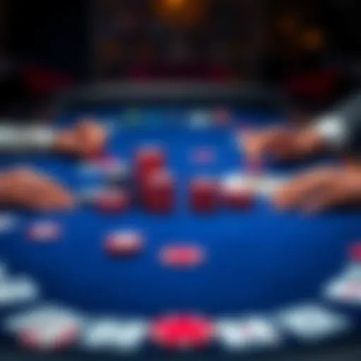 A side-by-side view of poker and blackjack tables, showcasing chips and cards used in both games, with a player thinking about strategies.