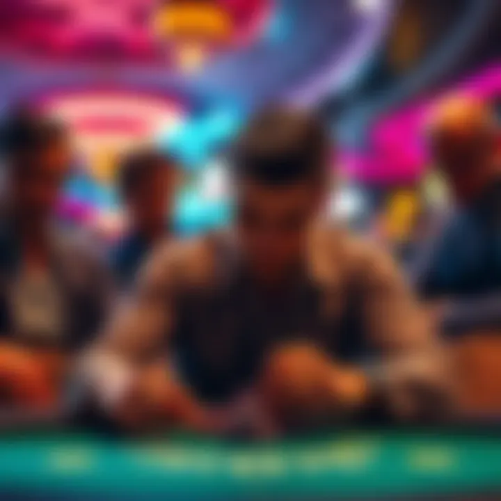 A tense poker scene showing a player contemplating a bluff at the Rivers Casino in Chicago, surrounded by experienced opponents.