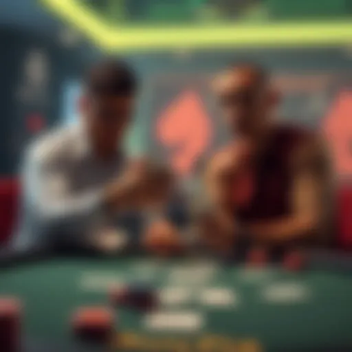 Two poker players at a table examining their hands and the community cards on a QJTr flop, with focused expressions as one considers a bluff move