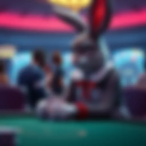 Poker Bunny holding her child, looking pensive at a poker table