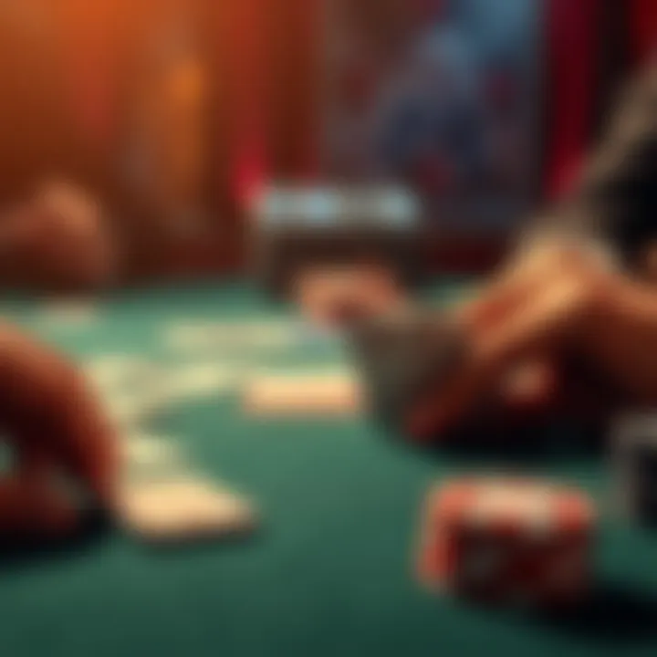 A close-up of a poker table with cards being dealt, highlighting the tension of a game.