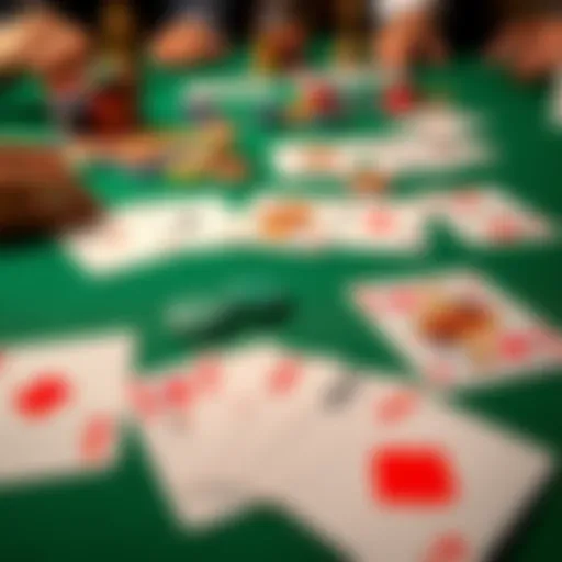 A close-up view of poker cards spread on a green felt table, showcasing the same cards appearing in two different rounds of a game, with chips and players' hands in the background.