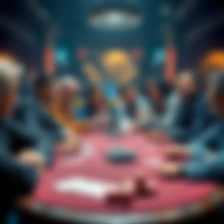 A group of diverse people sharing their poker stories at a round table with cards and chips