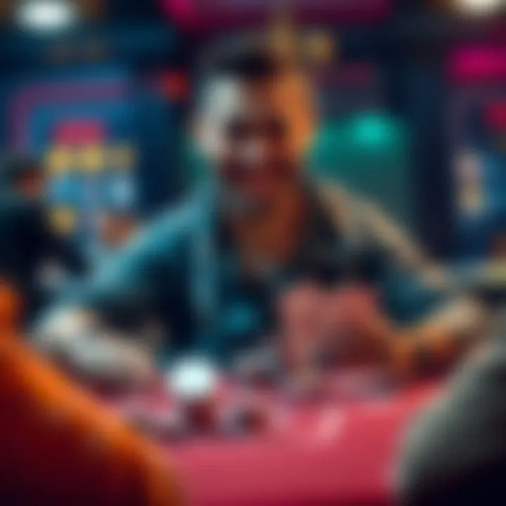 A player focused at a poker table with chips and cards, showing excitement after winning a cash game, reflecting a profitable evening.