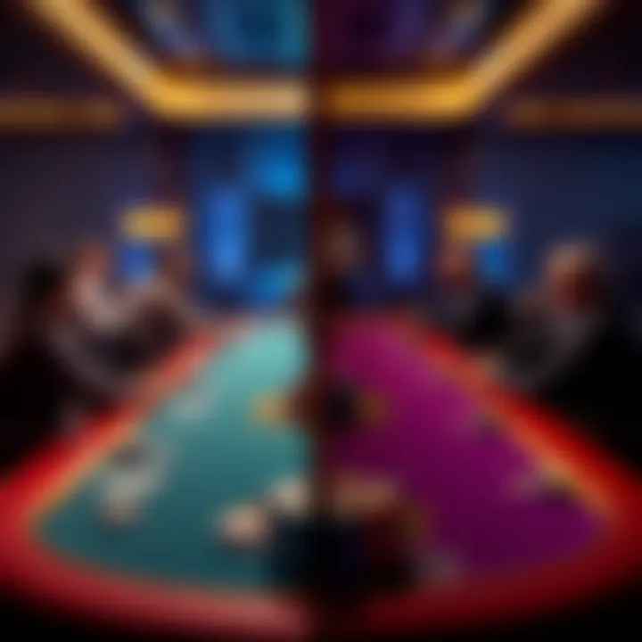 Two side-by-side tables showing a cash game and a tournament setting with players engaged in the game