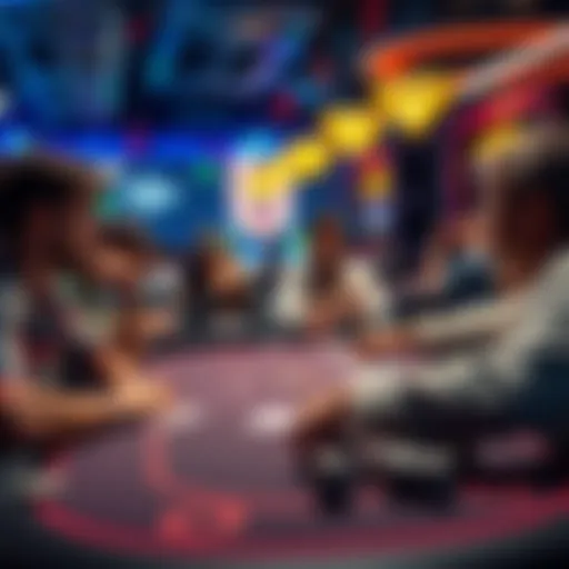 A poker table with casual players looking bored while playing PLO, contrasting with lively NLHE action in the background.