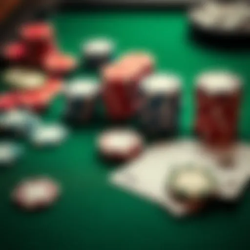 A close-up view of poker chips and playing cards arranged on a green table, illustrating a poker game situation.