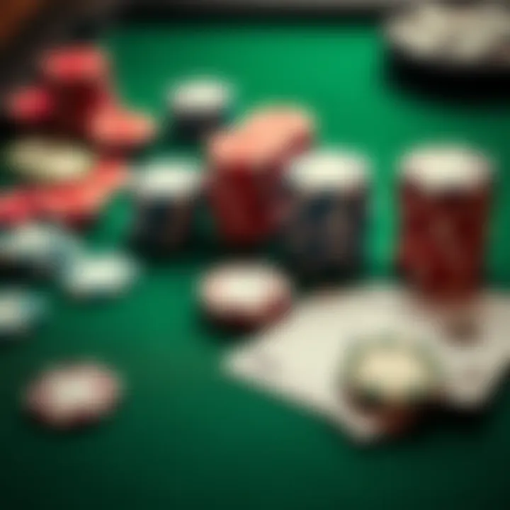 A close-up view of poker chips and playing cards arranged on a green table, illustrating a poker game situation.