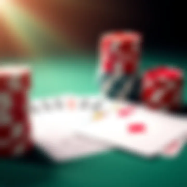 A set of poker chips and playing cards on a table, illustrating a gaming strategy.