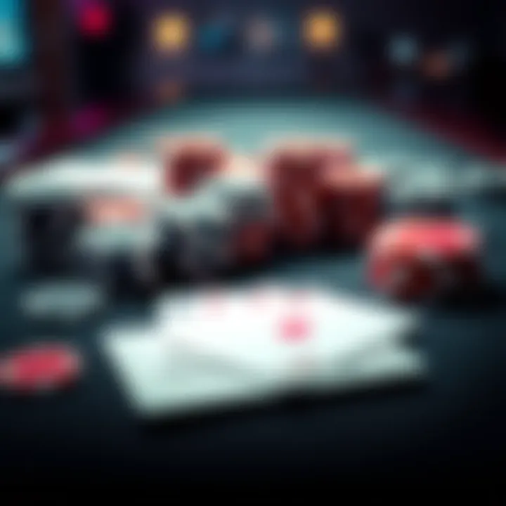 A close-up view of poker chips and playing cards on a table, representing bankroll management in Match the Stack games.