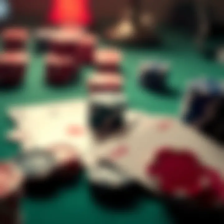 A close-up of poker chips and playing cards arranged on a table, representing pot odds in a poker game.