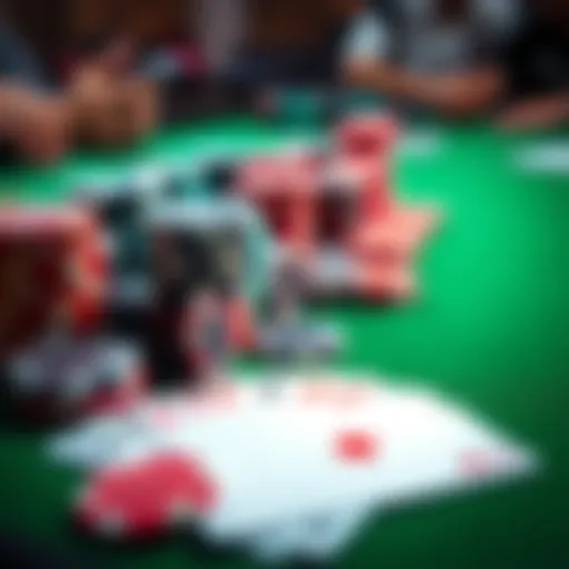 A close-up of poker chips and cards on a green felt table during a tense game