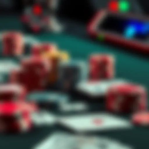 A close-up of poker chips and playing cards arranged on a gaming table, illustrating the excitement of betting